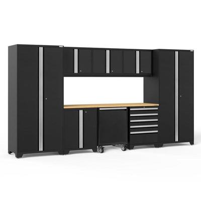 Newage Products Pro 3.0 Series 9-Piece Garage Cabinet Set With Utility Cart, Black / Bamboo Worktop