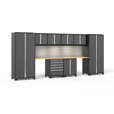 Newage Products Pro 3.0 Series 10-Piece Garage Cabinet Set With 2-Door Base Cabinet, Grey / Bamboo Worktop / LED Lights + Slatwall Backsplash