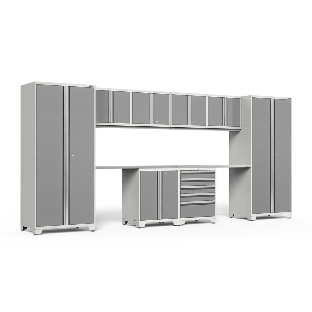 Newage Products Pro 3.0 Series 10-Piece Garage Cabinet Set With 2-Door Base Cabinet, Platinum / Stainless Steel Worktop / None