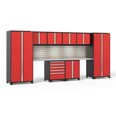 Newage Products Pro 3.0 Series 10-Piece Garage Cabinet Set With 2-Door Base Cabinet, Red / Stainless Steel Worktop / LED Lights + Slatwall Backsplash