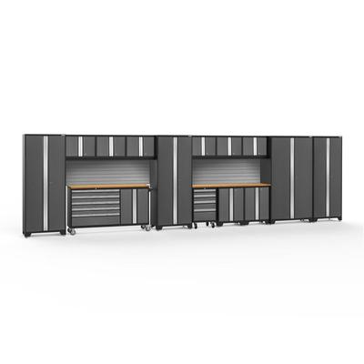 Newage Products Bold 3.0 Series 15-Piece Garage Cabinet Set With Project Center, Grey / Bamboo Worktop / Slatwall Backsplash