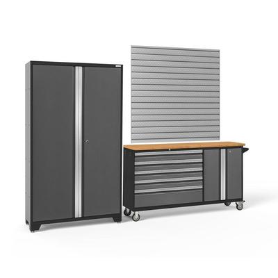 Newage Products Bold 3.0 Series 2-Piece Garage Cabinet Set With Project Center, Grey / Bamboo Worktop / Slatwall Backsplash