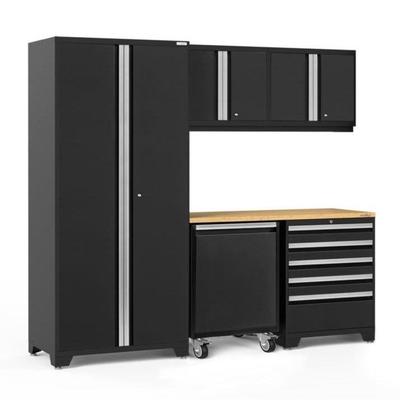 Newage Products Pro 3.0 Series 6-Piece Garage Cabinet Set With Utility Cart, Black / Bamboo Worktop