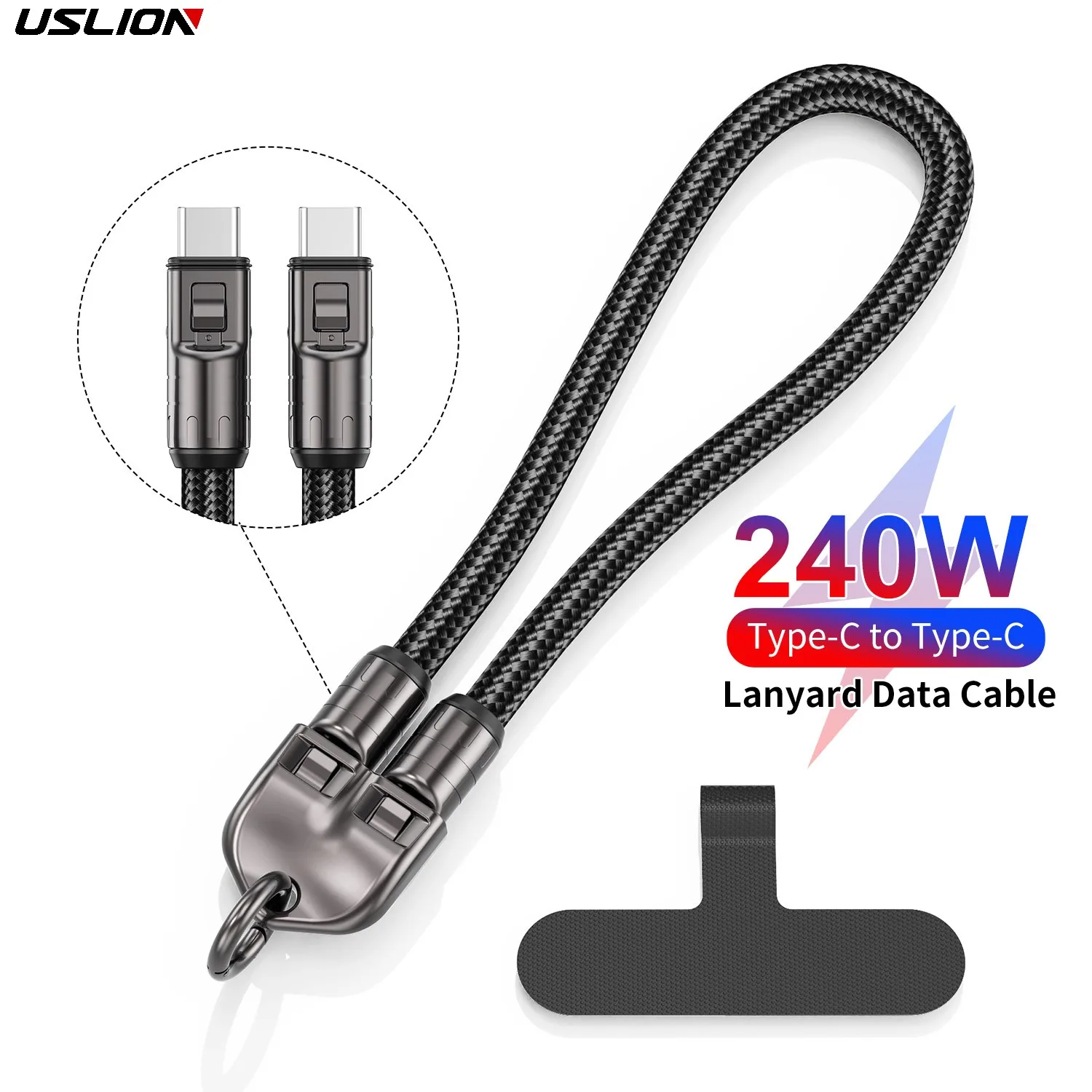USLION 30 cm 240 W USB-C-Kabel, geflochtenes Aluminium-Telefon-Lanyard, Typ C auf Typ-C-Kabel, schnelles Aufladen, USB-Kabel Image
