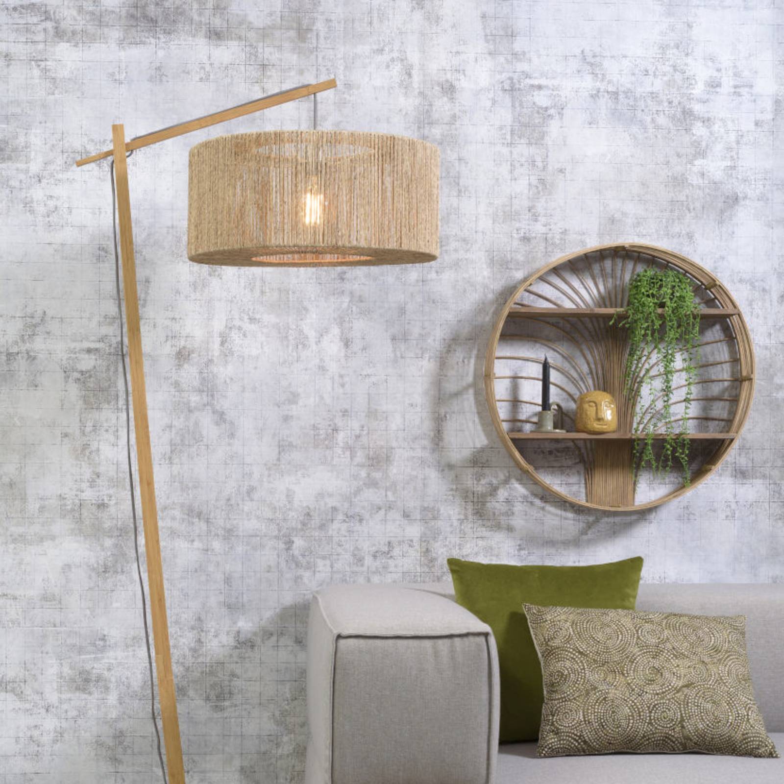 Good & Mojo GOOD MOJO Iguazu Bogenlampe natur Zylinder Ø50cm, creme / amber, für Wohn- / Esszimmer, Textil / Stoff / Seide, Stehlampe