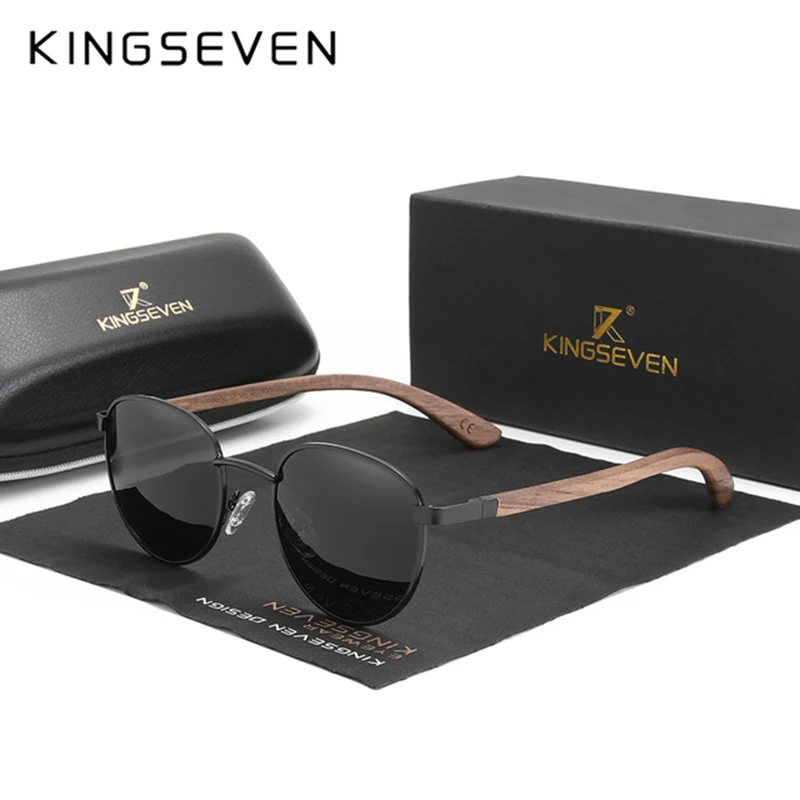 KINGSEVEN Neue Holz Sonnenbrille Polarisierte Männer Frauen UV400 Brillen Runde Legierung Dünnen Rahmen Outdoor Summur Walnuss Luxus Gläser Image