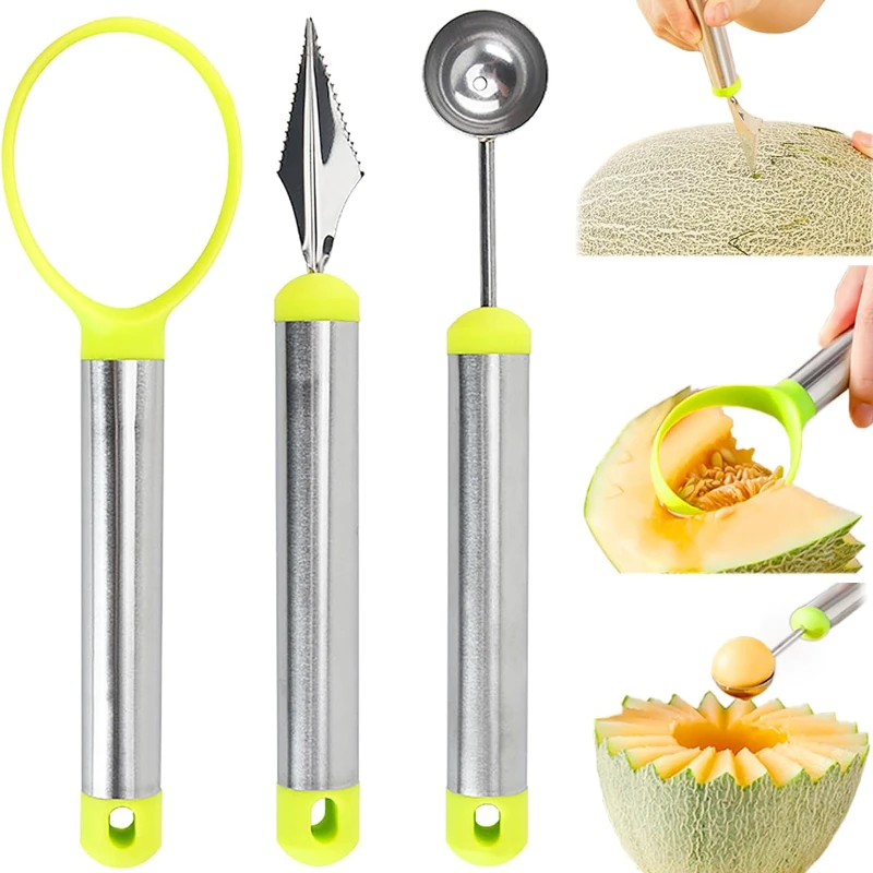 3 in1 Obst kugel gräber Wassermelone schneider Cutter Schaufel Obsts chnitz messer Cutter Obst platte Obstschale Frucht fleisch Separator Image