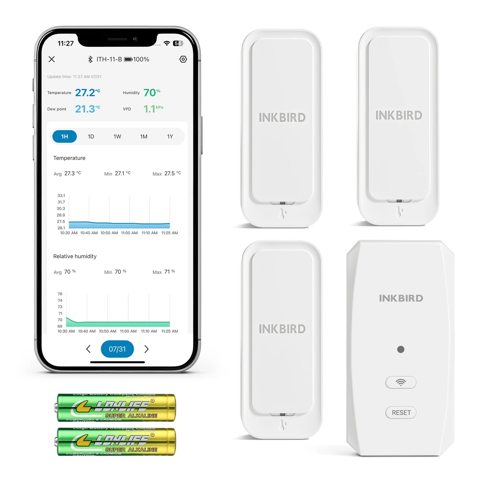 INKBIRD WiFi Gateway und Bluetooth Temperatur-Feuchtigkeitssensor-Set (IBS-M2S-B mit 3x ITH-11-B), IP65 WiFi-Fernüberwachung Image
