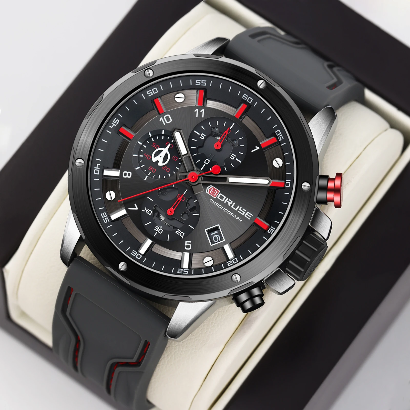 BORUSE Silikon Casual Voll wasserdichte Uhr Herren Datum Analog Quarzuhr Multifunktions-Timer Luxusuhr Image