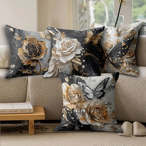 Schwarz Goldene florale dekorative Wurfkissenbezug 4PC weicher quadratischer Sofakissenbezug Kopfkissenbezug für Schlafzimmer Wohnzimmer Sofa Stuhl Image