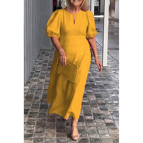 Damen Midikleid Baumwoll Mischung Shiftkleid Freizeitkleid Mode Puffärmel Täglich Urlaub Ausgehen Normale Passform Einfach Kurzarm Rundhalsausschnitt Weiß Gelb Rote Sommer Image