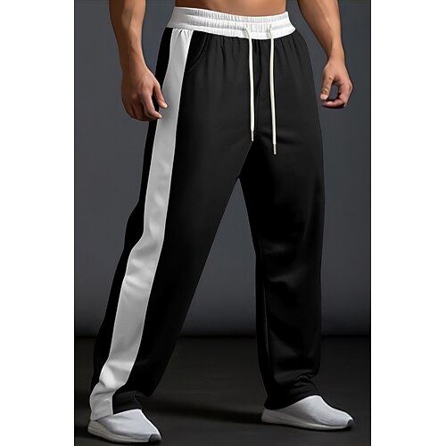 Herren Jogginghose Trainingshose Hose Hosen Freizeithose Patchwork Tasche Kordelzug Farbblock Komfort Urlaub Sports Outdoor Brautkleider schlicht Schwarz Weiß Mikro-elastisch Image