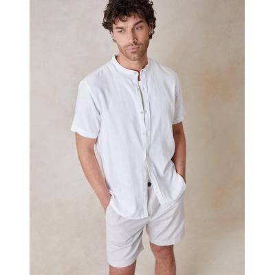 Threadbare Men's White Grandad Collar Linen Blend Short Sleeve Shirt