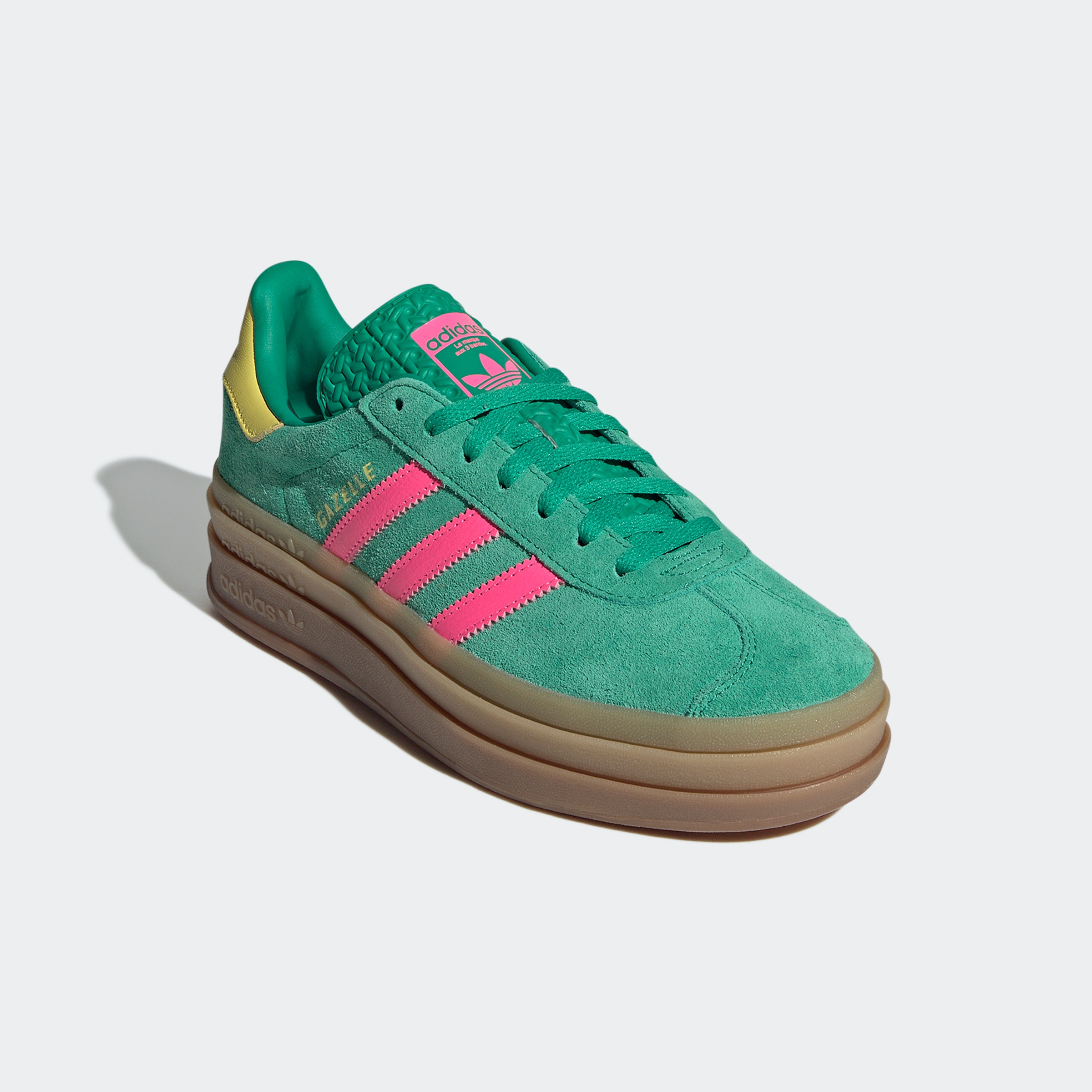 Sneaker ADIDAS ORIGINALS "GAZELLE BOLD", Damen, Gr. 43, grün (court grün, lucid pink, pure sulfur), Leder, Synthetik, Schuhe Sneaker