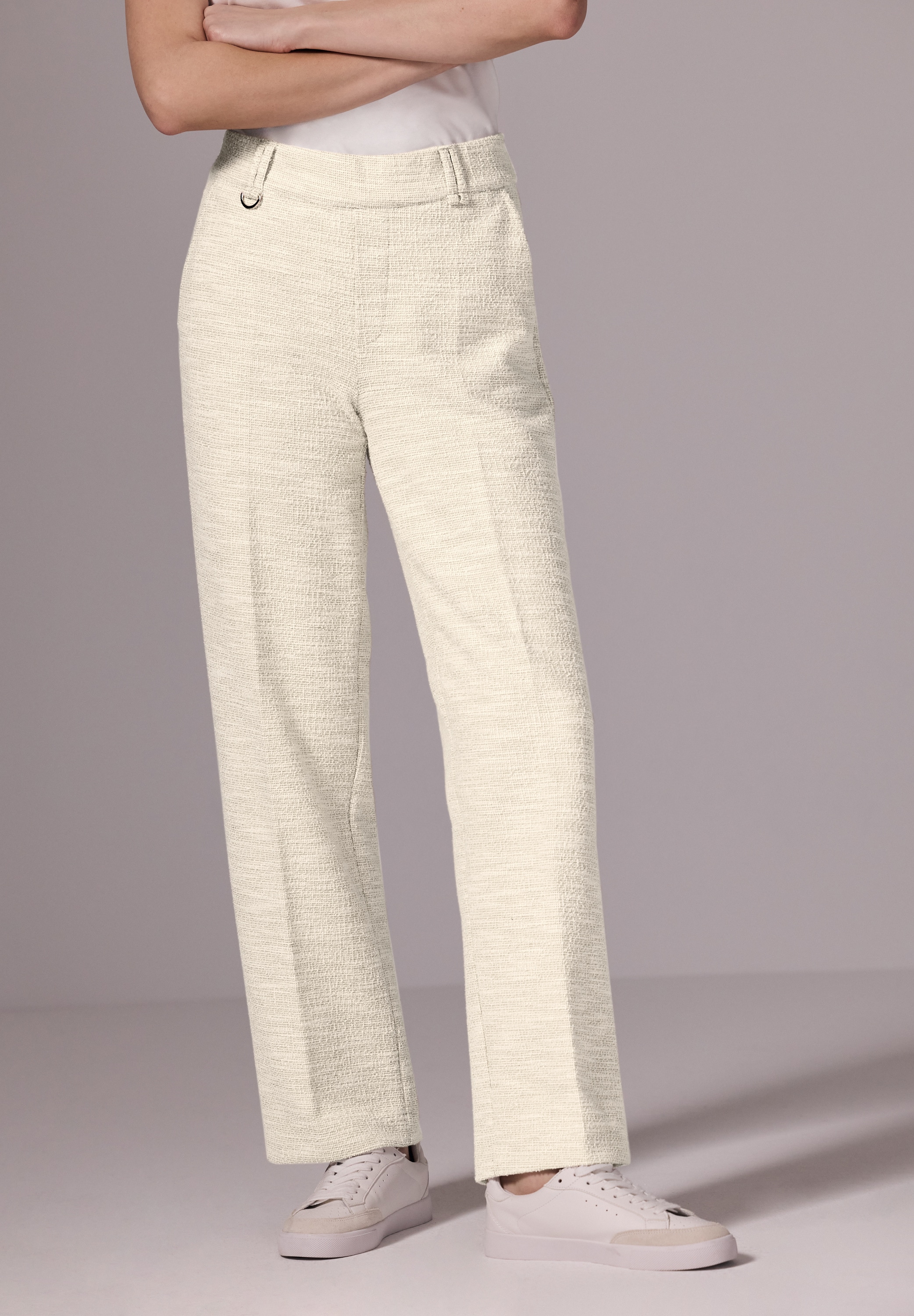 Stoffhose STREET ONE STUDIO, Damen, Gr. 42, Länge 30, beige (sheer beige meliert), Stoff, 50% Polyester, 37% Baumwolle, 10% Viskose, 3% Elasthan, meliert, comfort fit lang, Hosen Stoffhose, Middle Waist