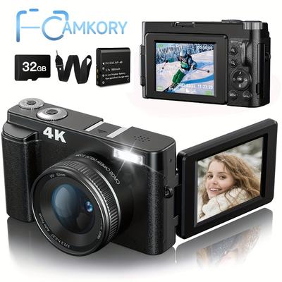 TEMU Camkory 4k Digital Camera, For Automatic Focus, Upgraded 48mp Vlogging Camera, For , With 32g Sd Card, 3 Inch 180Â° Flip Screen Anti-shake Compact Travel Camera, With 16x Digital , Built- - Black