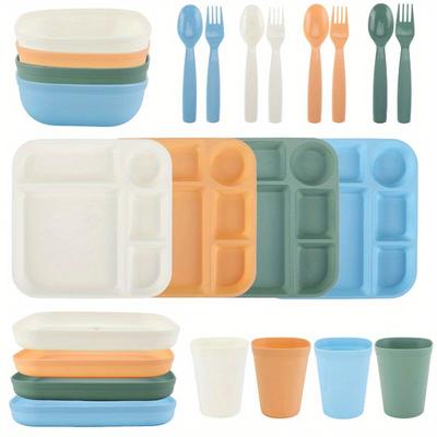 TEMU 24pcs Plastic Dinnerware Set 4 Trays Bowls Plates Forks In