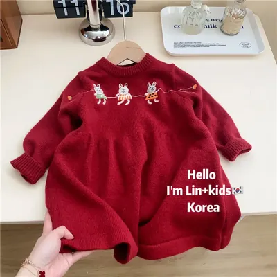 Winter Children's Clothing Girl's Sweater New Year Goods Handmade Embroidery Rabbit Girl Dress