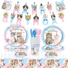 Cute Cat Pattern Disposable Tableware Paper Plates Cups Napkins Banner Tablecloth Kids Birthday Party Baby Shower Decoration