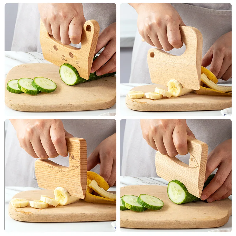 Kindermesser aus Holz zum Kochen, niedlicher Fisch, Dinosaurier-Form, Küchenspielzeug, Gemüse- und Obstschneider, Küchenwerkzeug, Spielzeug, Holzmesser für Kinder Image