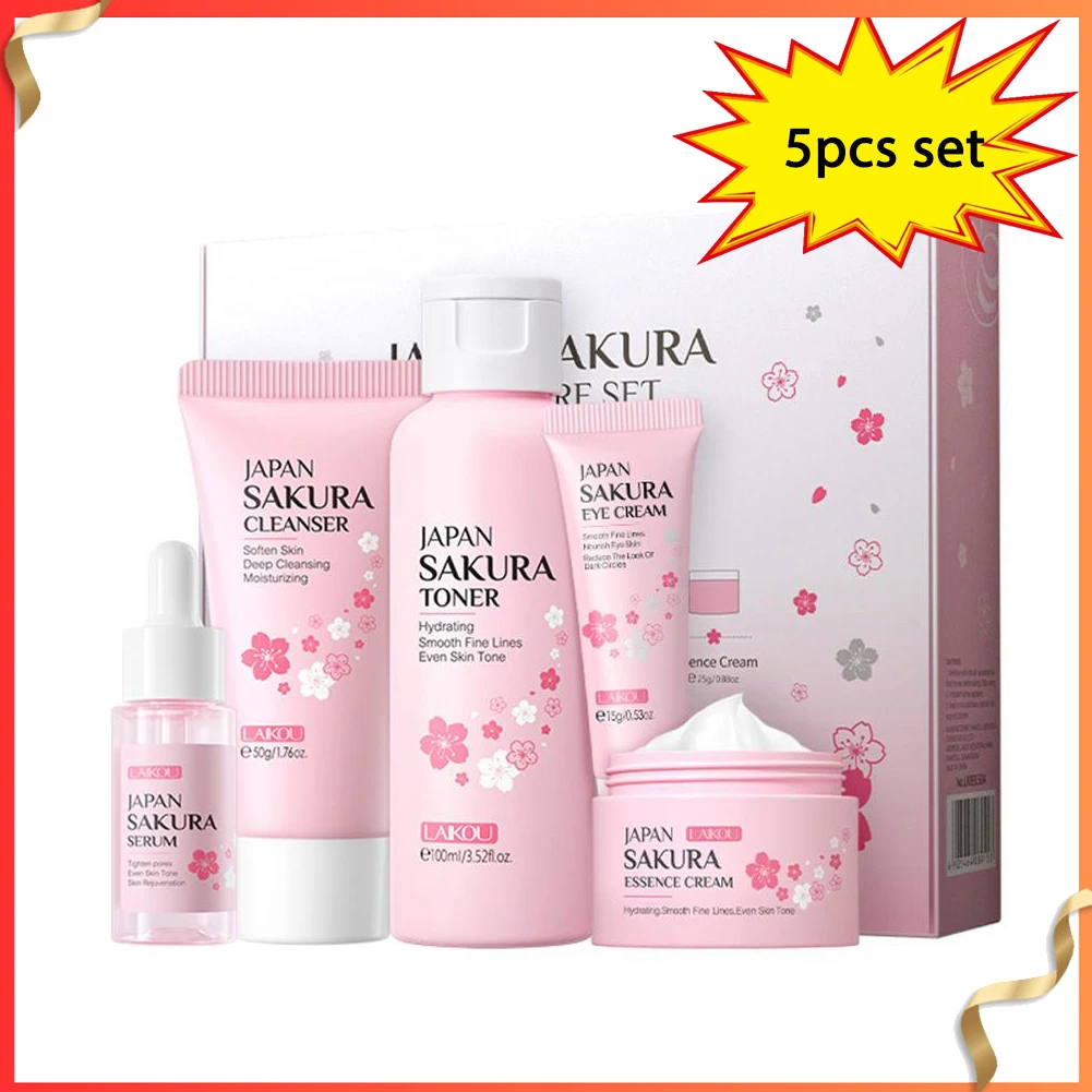 5 stücke Hautpflege set Sakura Essenz Hautpflege Geschenks ets mit Reinigungs mittel, Toner,Serum, Augen creme, feuchtigkeit spendende glatte Falten Hautpflege Image