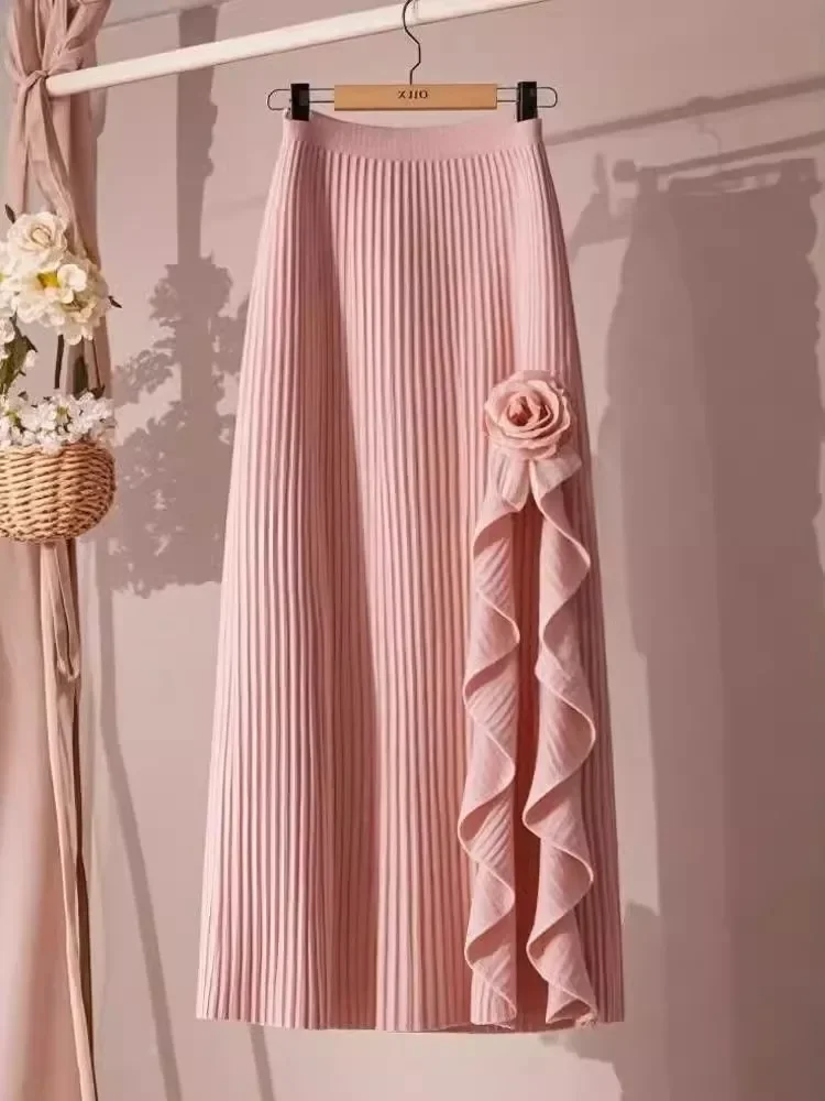 Frühling Frauen Hohe Qualität Chiffon Falten Rock Süße Maxi Midi Lange Rosa Rose Unregelmäßige A-linie Röcke Vintage Frauen Y2K Kleidung