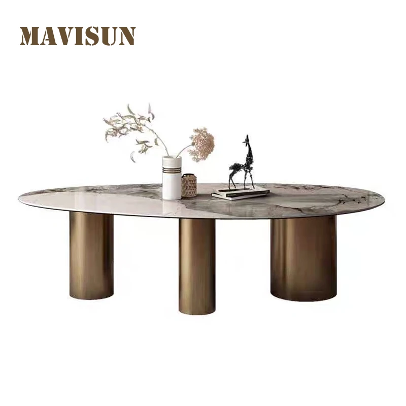 Luxuriöser nordischer Esstisch aus glänzendem Marmor mit sechs Stühlen, Edelstahlsockel, Wohnmöbel, großes Apartment-Küchentisch-Set