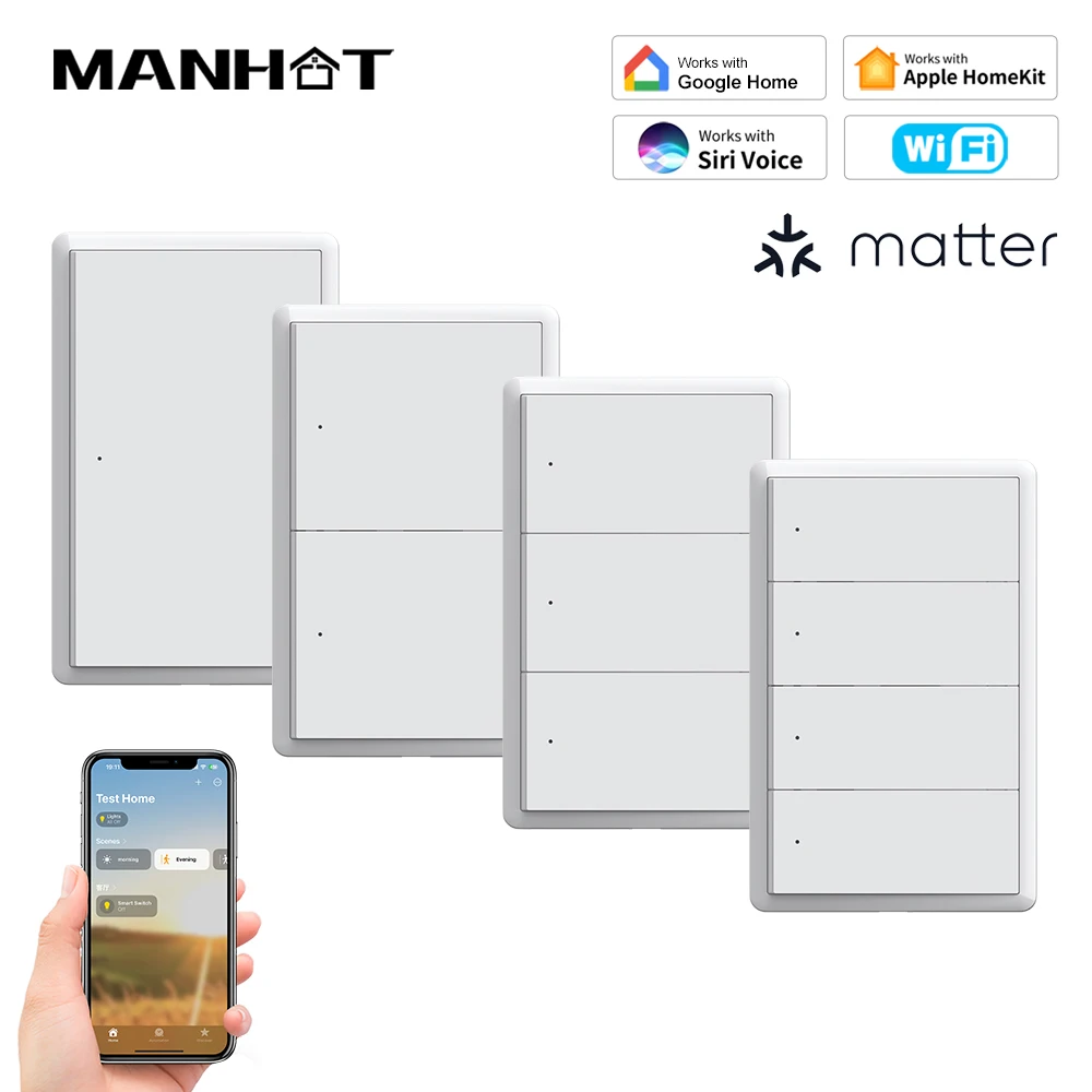 MANHOT Tuya Homekit WiFi Smart Switch Kein Neutralleiter US-Schalter Druckknopf-Lichtschalter Funktioniert mit Siri Alexa Google Assistant Image