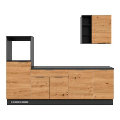 Küchenzeile KOCHSTATION "KS-Lulea", front: artisan eichefarben, korpus: schwarz, arbeitsplatte: schwarz, B:260cm H:222cm T:60cm, Komplettküchen-Sets, Breite 260 cm, ohne E-Geräte, mit 3 cm starker Arbeitsplatte Image