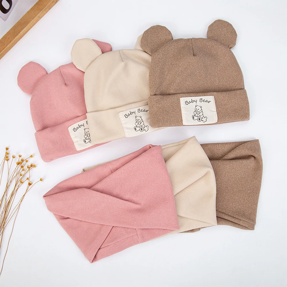 2 teile/los Bären ohr Baby Mädchen Turban Hüte Schal Newboorn Faux Kaschmir Label Stick Caps Mützen Herbst Winter warme Säuglings hauben Image