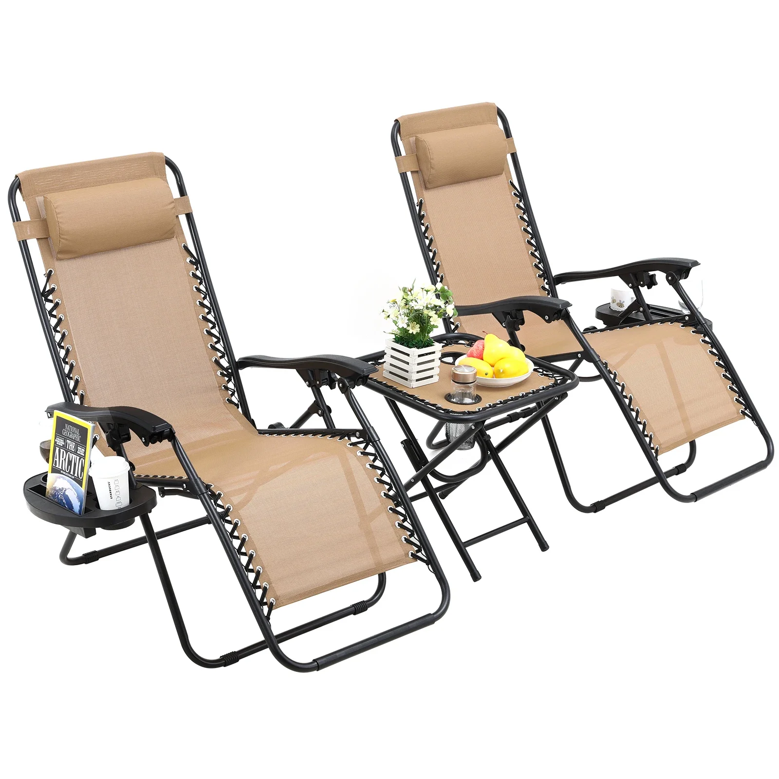 Zero Gravity Stuhl-Set mit 2 Stück, Sonnenliegen für den Außenbereich, stabiles Textolin, verstellbare Gartenstühle mit Getränkehalter, Kopfstütze