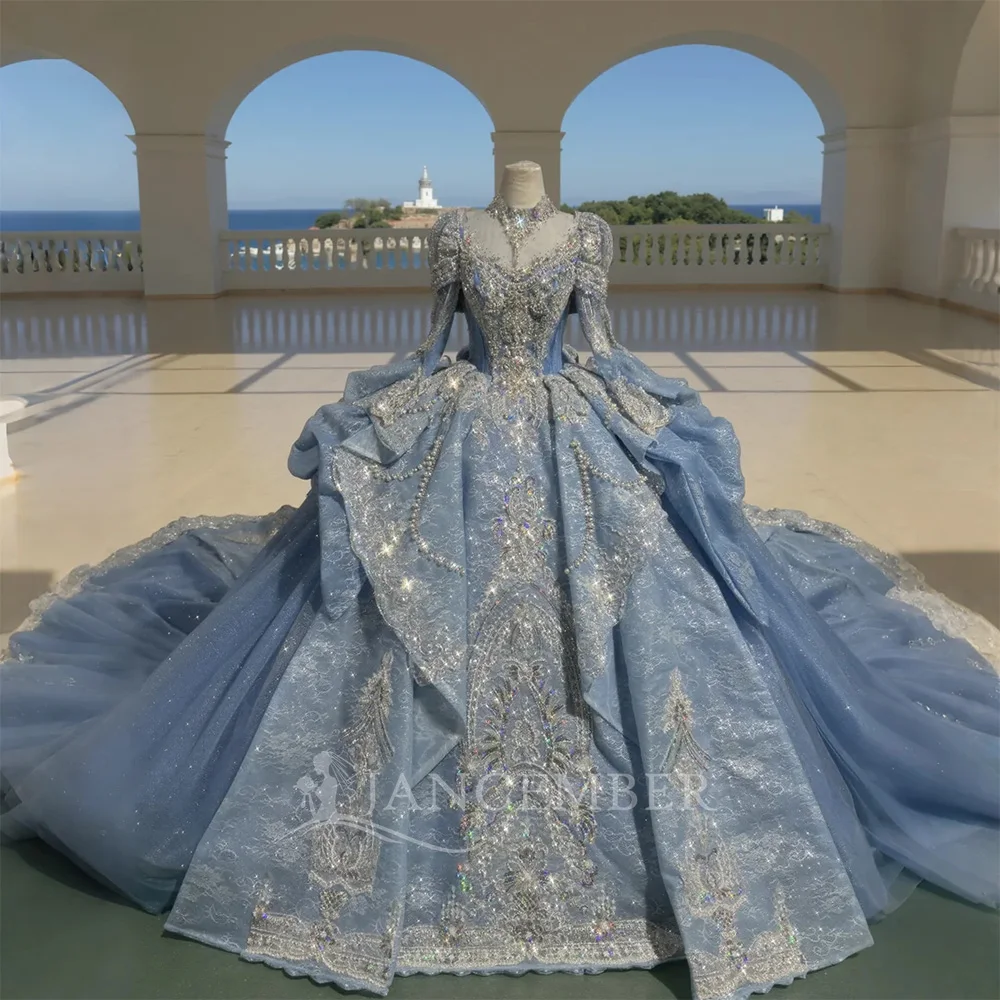 Brandneue glänzende Quinceanera-Kleider, Ballkleid, Pailletten, Stehkragen, Perlenstickerei, lange Ärmel, Prinzessin, Party, maßgeschneidertes 16-Kleid mit Schnürung Image