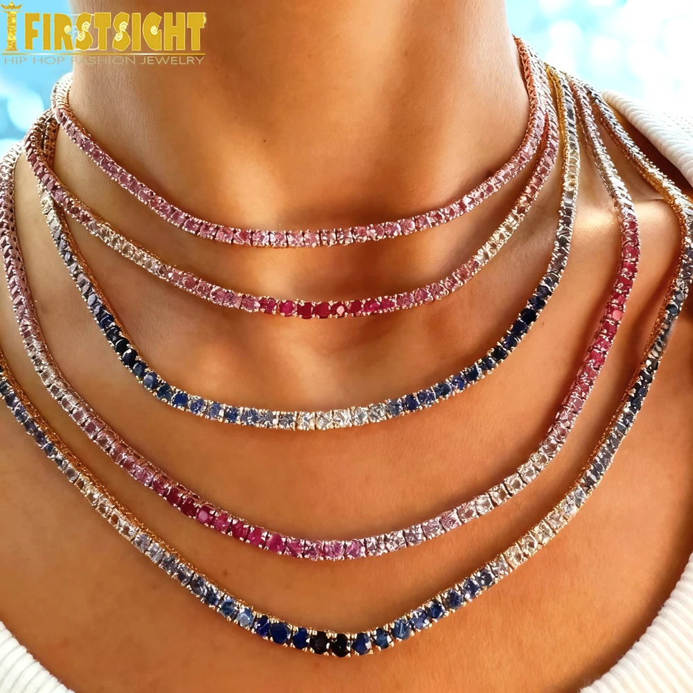 Vereiste Clustered Tennis Kette Halskette Hip Hop Regenbogen Zirkonia Silber Farbe Mode Rock Frauen Schmuck