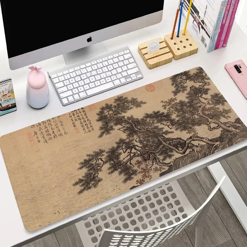 XXL Chinesische Landschaftsmalerei Mauspad Braune Textur 400x900 Kunstmatte Computer Büro Gamer Schreibtisch Anti-Rutsch-Gaming-Tastaturmatte Image
