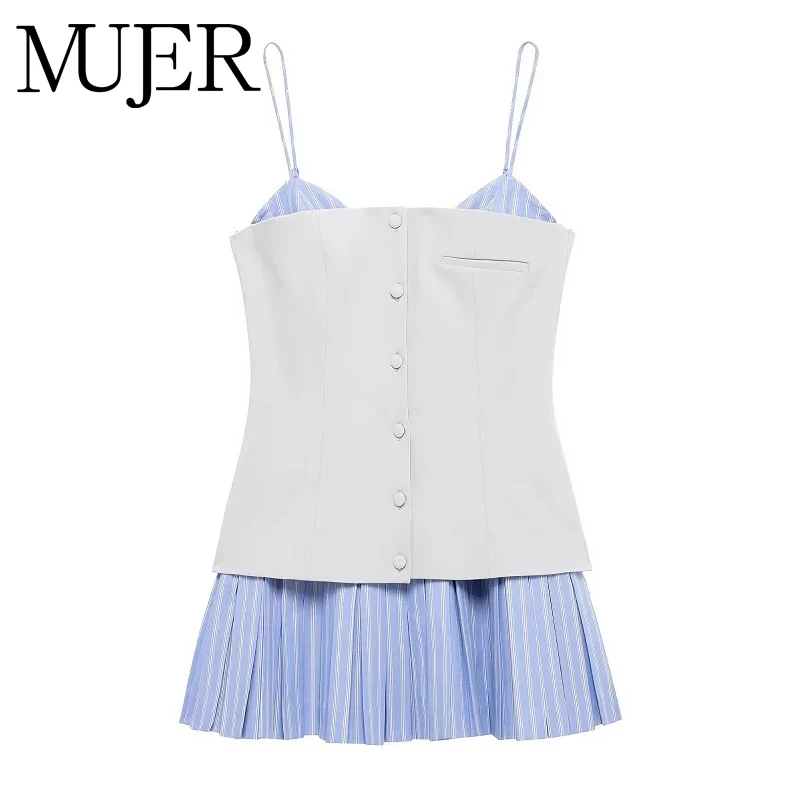 MUJER Gestreiftes Plissee Minikleid Frau Sexy Rückenfreies Slip Frauen Kleider Sexy Party Kurze Kleider für Frauen Patchwork Frauen Kleid Image