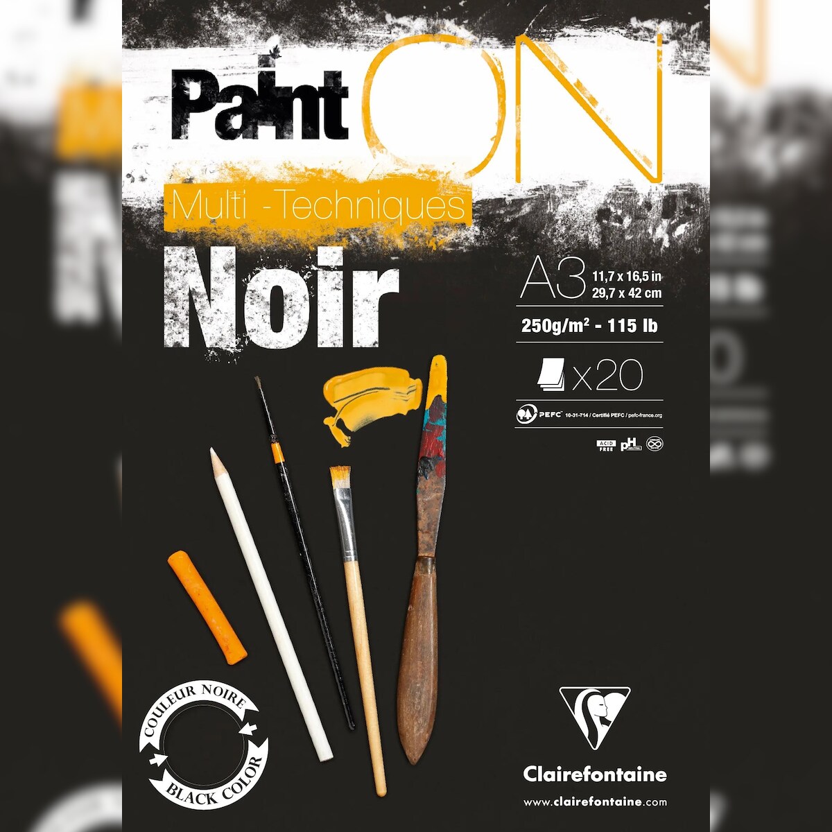 Clairefontaine 2x PaintON Noir, Block A3, kopfseitig geleimt, 20 Blatt, 250g, schwarz, Mixed Media - 975170C Image