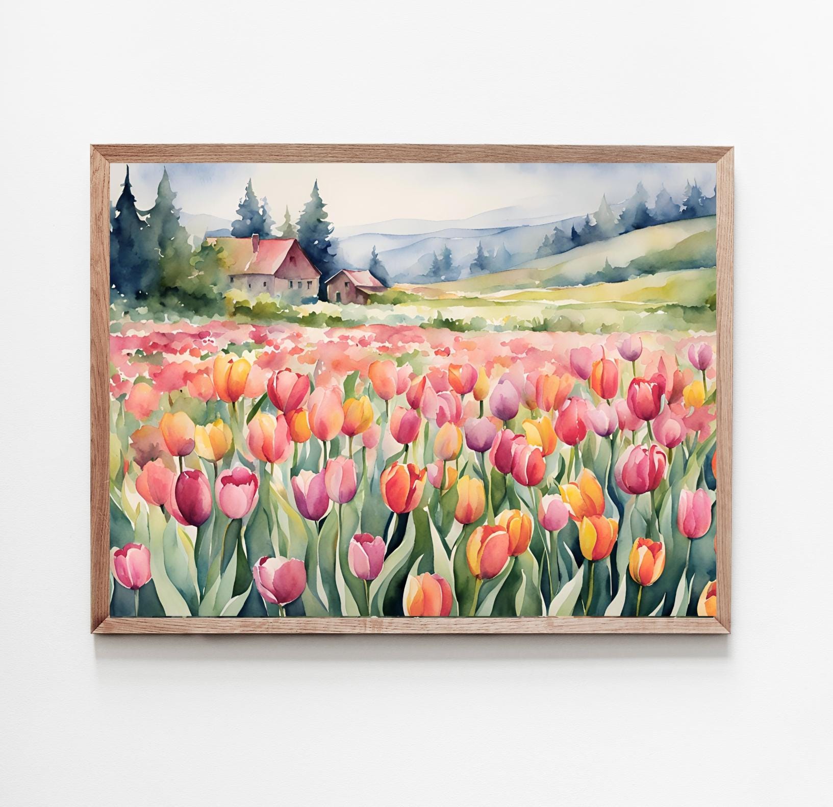 Tulipani campo paesaggio pittura stampa artistica immagini primavera acquerello foresta capanna fiori colorati immagini natura Pasqua acquerello immag
