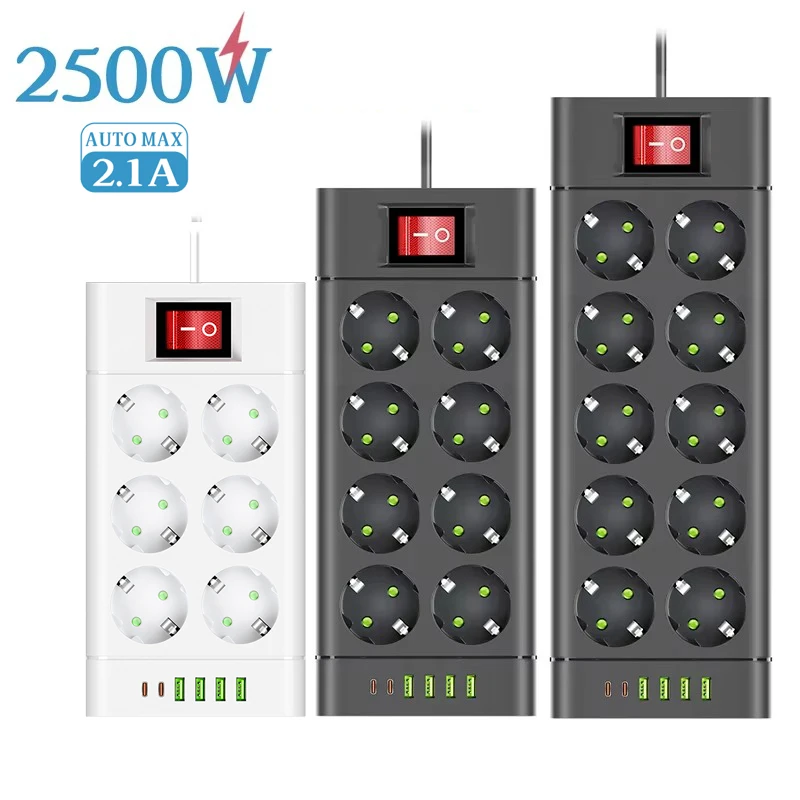 Presa EU Presa multipla Cavo di prolunga presa CC Presa elettrica 6/8/10 con 4 porte USB 2 Type-C Supporto elettrodomestico da 2500 W