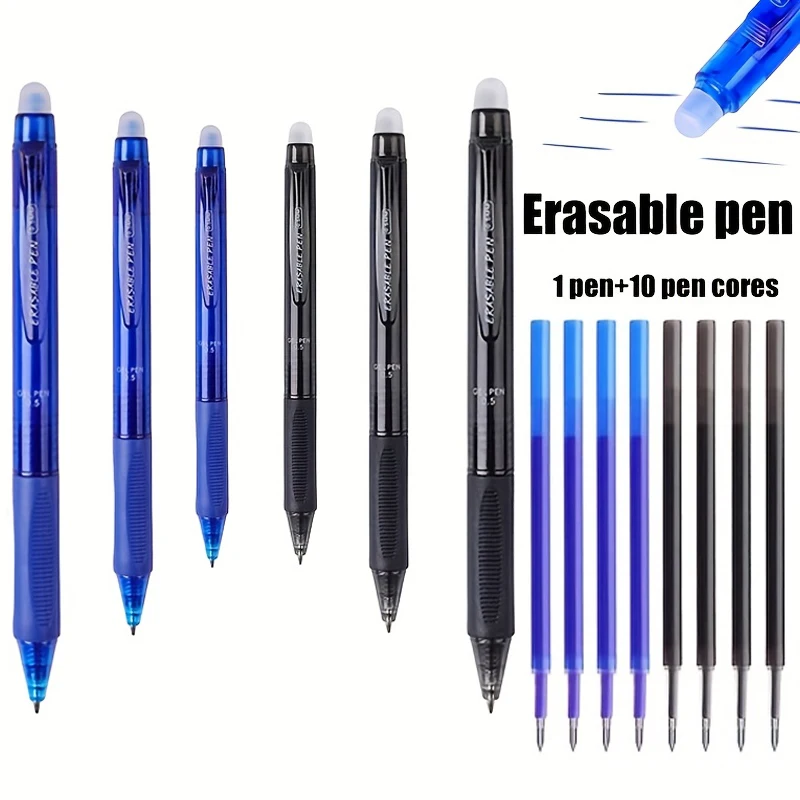 Set di penne gel professionali cancellabili di grande capacità da 11 pezzi/set da 0,5 mm. Ogni penna ha la propria gomma superiore e 10 ricariche per penne