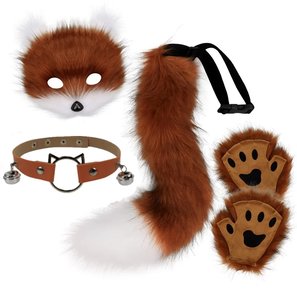 5 pezzi vendita calda soffice pelliccia coda di volpe zampe di gatto guanti maschera di lupo set accessori per costumi cosplay di Halloween festa a tema vestire oggetti di scena