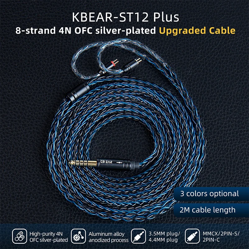KBEAR ST12 Plus Cavo IEM aggiornato placcato argento da 2 m 8 core con cavo per cuffie da 3,5/4,4 mm 2PIN/QDC/MMCX per cuffie da gioco KZ