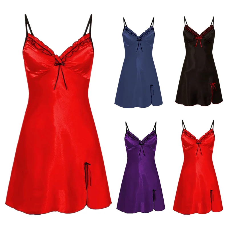 Indumenti da notte sexy Donna Abito da notte in raso di seta di pizzo Camicie da notte senza maniche Camicia da notte con scollo a V Plus Size 2XL Camicia da notte Indumenti da notte estivi