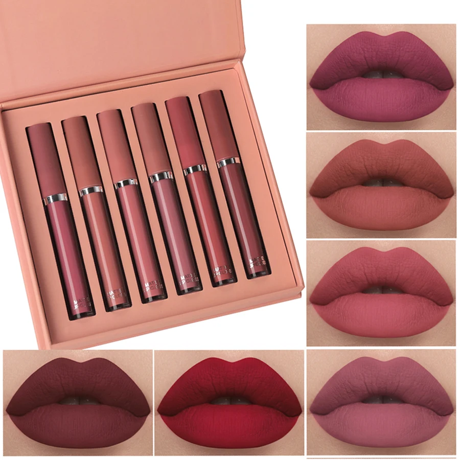 Set di lucidalabbra opaco 6 colori rossetto Display liscio e duraturo lucidalabbra Set di scatole regalo per le vacanze con rossetto idratante impermeabile