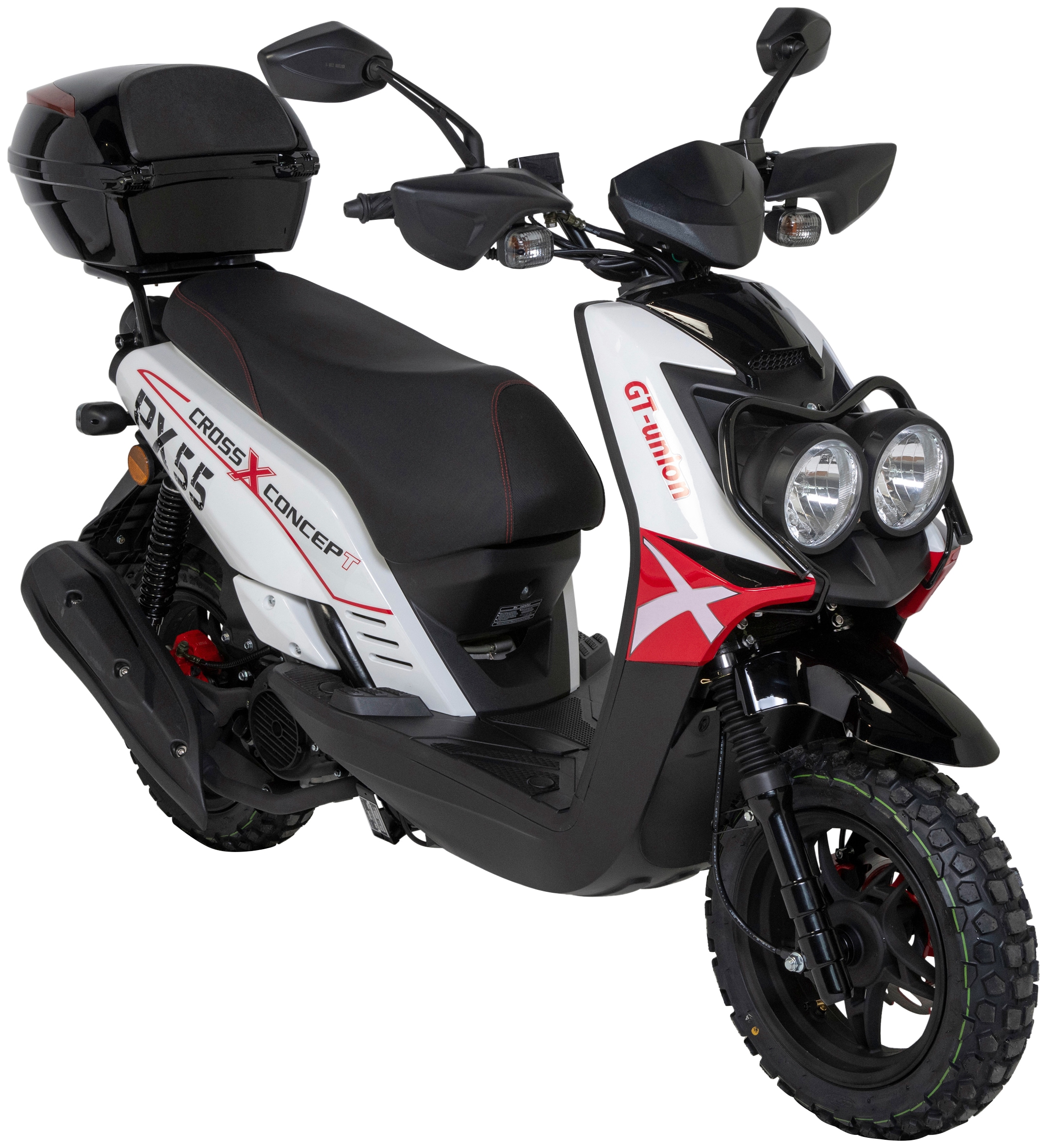 Motorroller GT UNION "PX 55 Cross-Concept", rot (weiß, rot, schwarz, schwarz), Motorroller, 25 km/h, mit Topcase, B:83cm H:112cm L:192cm Image