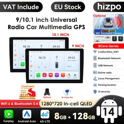 Hizpo 9" Zoll Android 14 Double 2 DIN Autoradio Stereo Multimedia Player GPS Navi Wifi EU-Karten USB DVR Kamera-AHD Carplay Audio