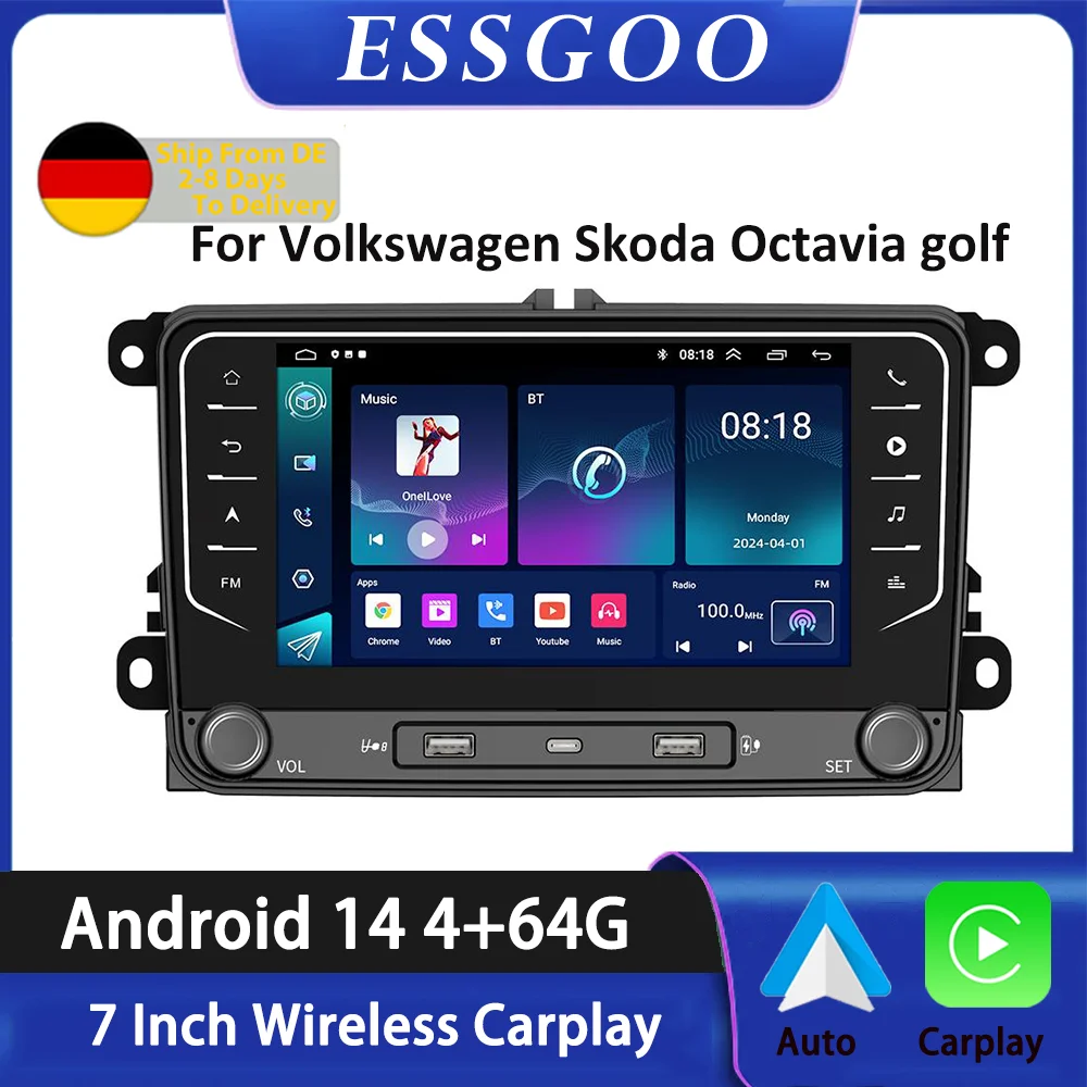 2 Din Auto Radio Android 14 Auto Multimedia Player GPS WiFi Carplay Für Volkswagen Skoda Octavia Golf 5 6 Touran passat Polo Jetta Image