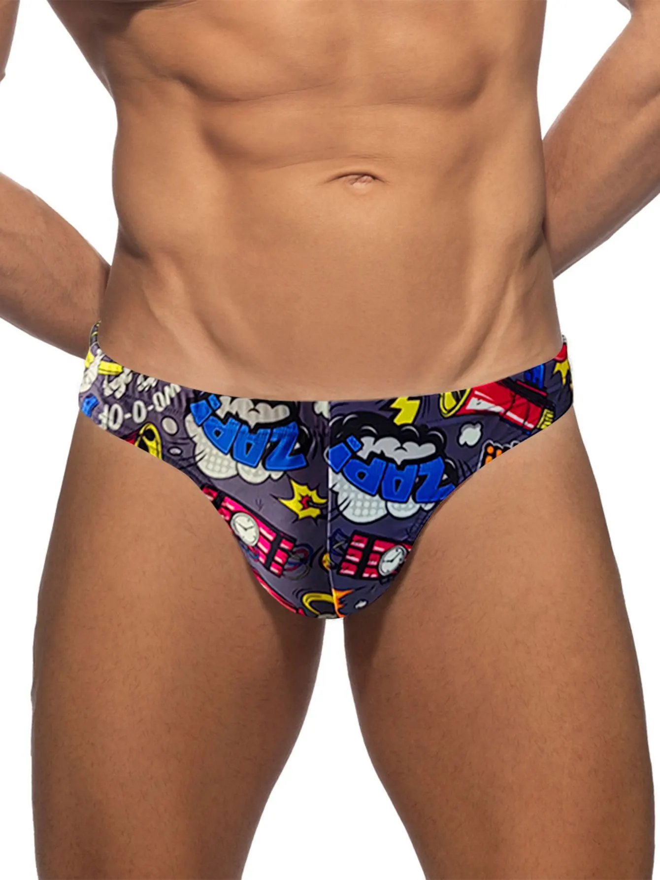 Herren Pop Art Cartoon Print Low-Rise Sexy Bikini Tanga Bademode Strand Badehose Mini Badeanzug Badehose Badeanzug Image
