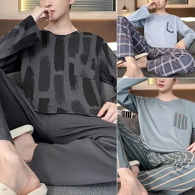 Große Größe Männer Nachtwäsche Herbst Winter Baumwolle Casual Langarm Jugend Pyjamas Außerhalb des Image