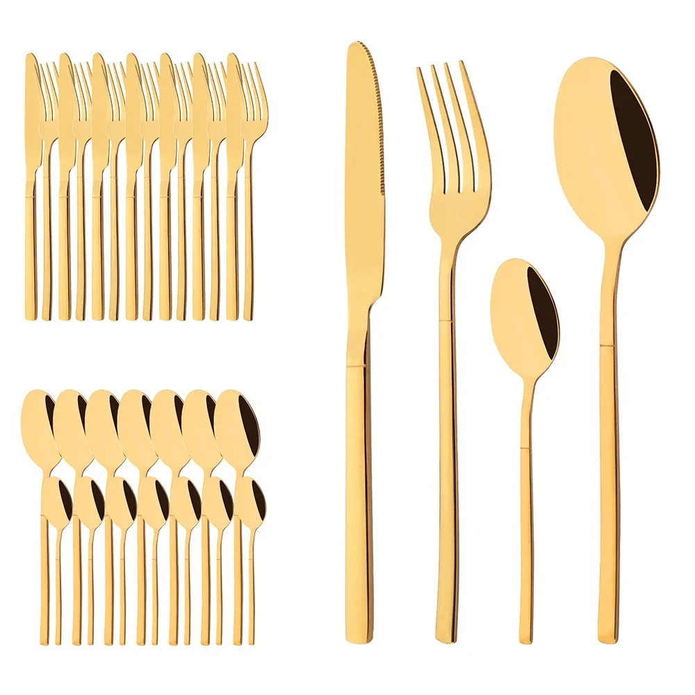 32Pcs Gold Besteck Set Messer Gabel Kaffee Teelöffel Geschirr Set Spiegel Edelstahl Geschirr Westlichen Küche Besteck Set Image