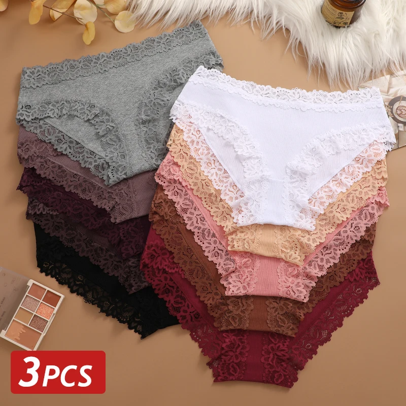 3PCS Floral Spitze Höschen für Frauen Sexy Low-Taille Slips Elastische Rippen Weiche Baumwolle Unterhose Damen Sexy Dessous einfarbig Image